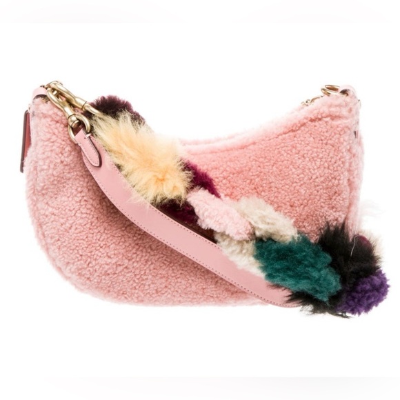 RARE! Coach Pink Shearling Shoulder Bag w Multicolor Shearling Chain Strap! NWOT - Picture 3 of 5